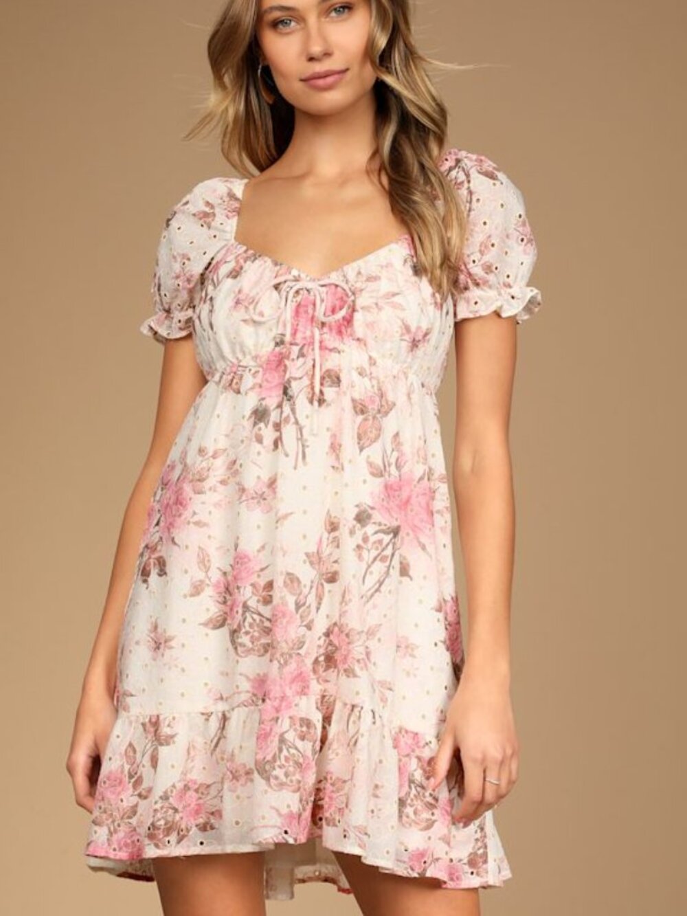 Lulus Sweetest Take White Floral Print Eyelet Babydoll Mini Dress - Size S